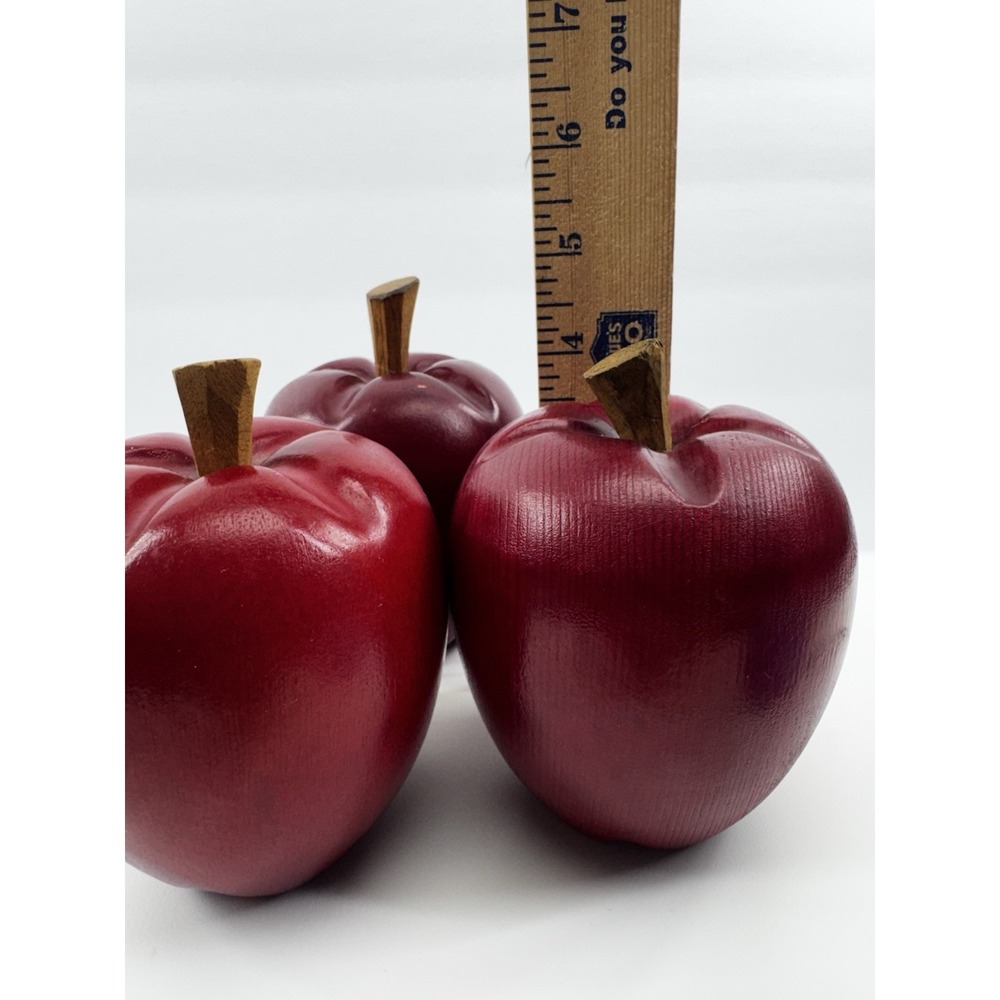 3 Faux Fruit Wood Wooden Red Apples Stems Realistic Farmhouse Decor Heavy - Picture 13 of 13